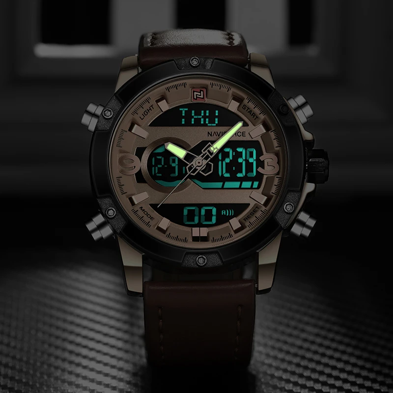 Часы наручные NAVIFORCE мужские с кожаным ремешком брендовые Роскошные Аналоговые