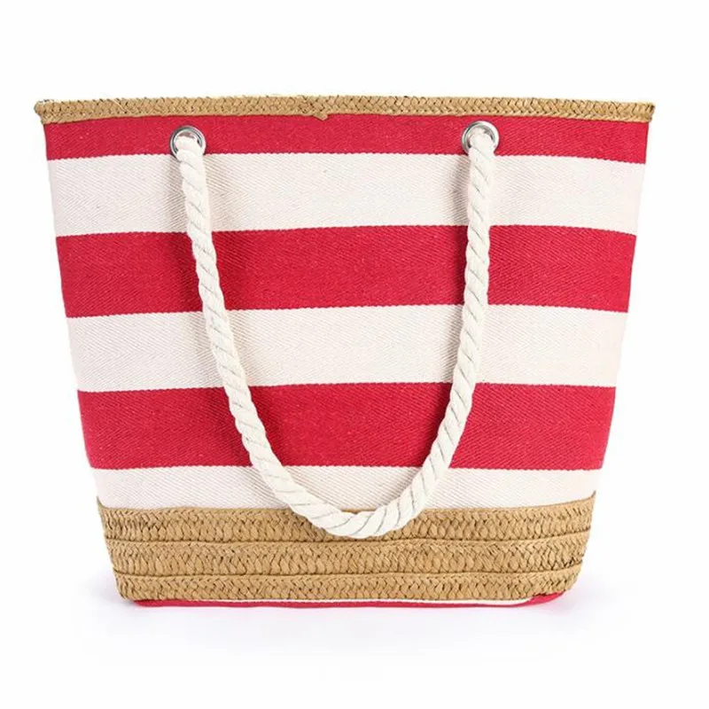 2023 Patchwork Beach Bag High Quality Striped Straw Bags Women Summer Canvas Handbag Larger Holiday Travel Palm Basket