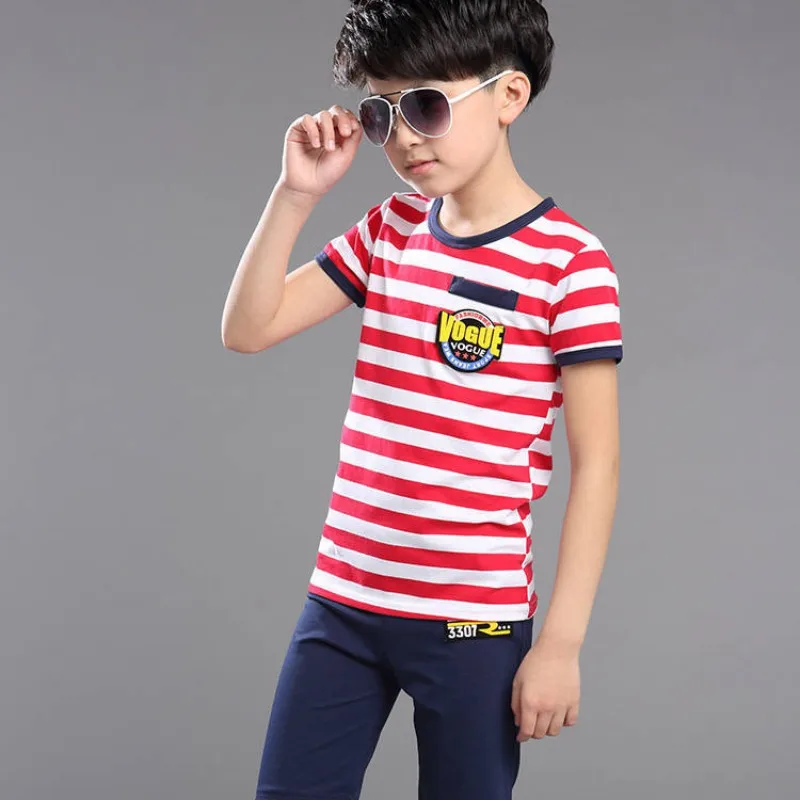 Летние Детские хлопковые комплекты из 2 предметов в полоску с короткими рукавами