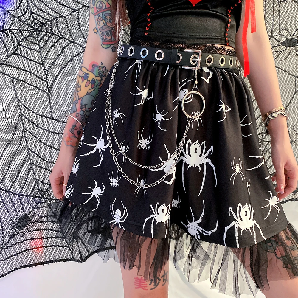 

Harajuku Summer Women Short Skirt Punk Spice Girl Spider Print Lace Mini Skirts Street Black High Waist A-Line Streetwear