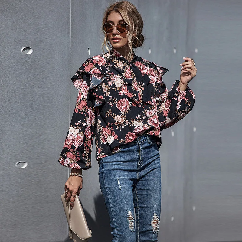 Lybofly Blouses Shirt Bohemian Top Black Lantern Sleeve Loose Fashion Long Holiday Flower Pattern 2020 Clothing |