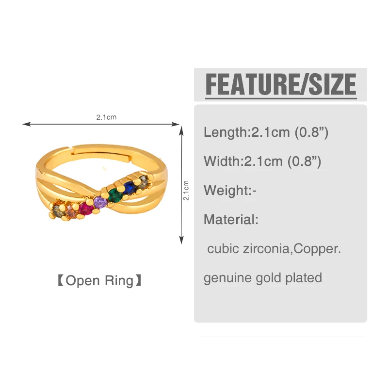 FLOLA Adjustable Rainbow Wave Ring for Woman AAA Cubic Zircon Thin 24k gold Jewelry anillo arcoiris rih86 | Украшения и
