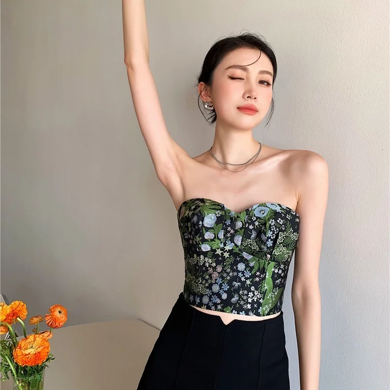 

Korejepo Women Tube Top 2021 Summer New Chinese Style Vintage Embroidery Black Sexy Strapless Outer Wear Underwear Bottoming Top