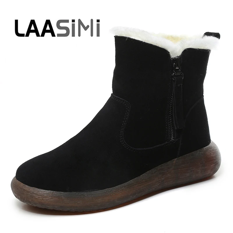 

LAASINI Women Winter Wool Fur Snow Boots For Lady Flat with Retro Genuine Leather Ankle Boots Shoes Woman Zipper Casual Botas