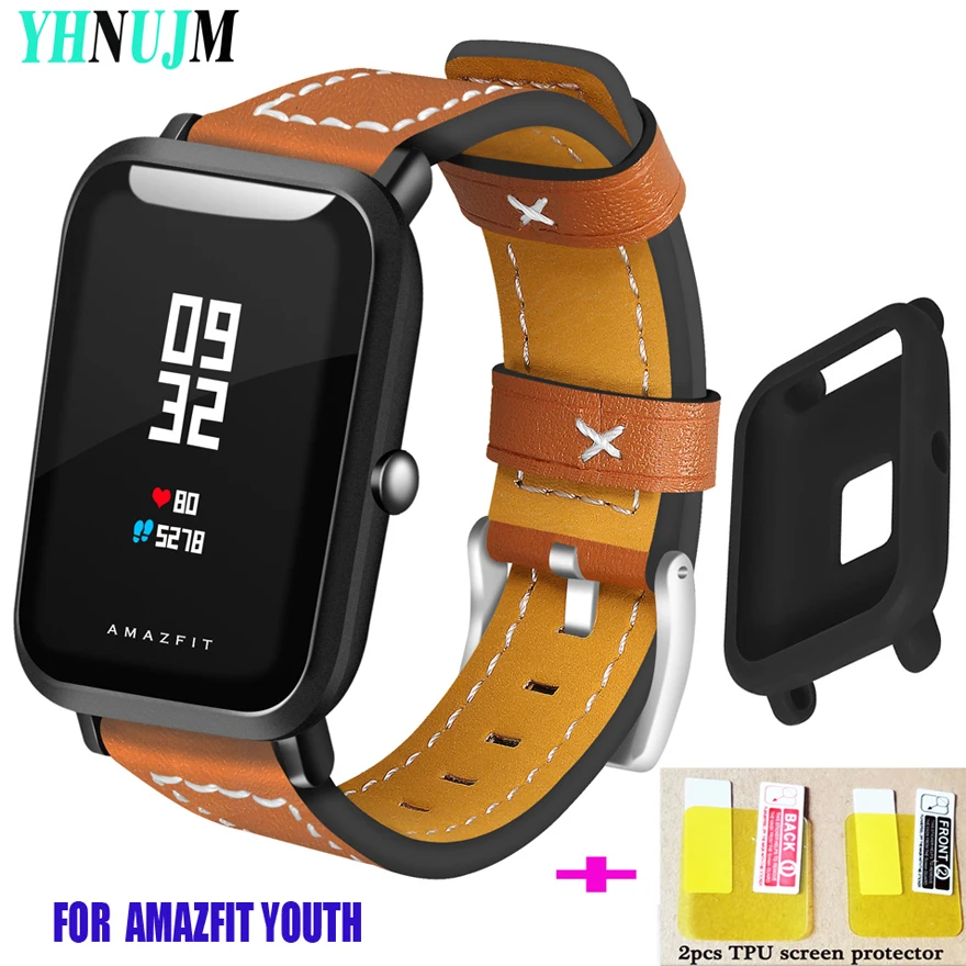 YHNUJM 20 мм кожаный ремешок для часов + защитный чехол экрана Xiaomi Huami Amazfit Youth Bip Bit Smart