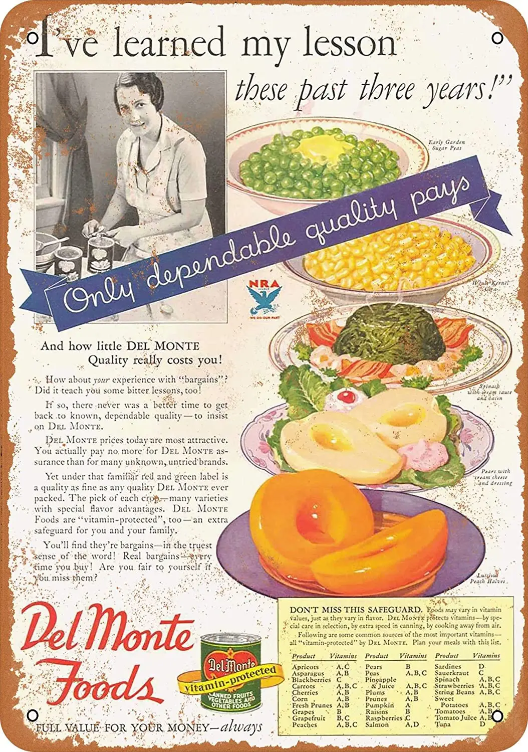 

Oulili 1933 Del Monte Foods Tin Metal Sign Plaque 8" X 12" Vintage Look Wall Decor Sign