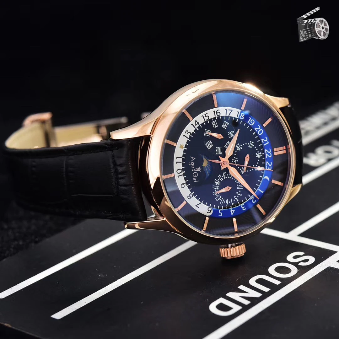 

Classic New Automatic Mechanical Men Watch Sapphire Transparent Glass Back Moon Phase Rose Gold Silver Black Brown Leather