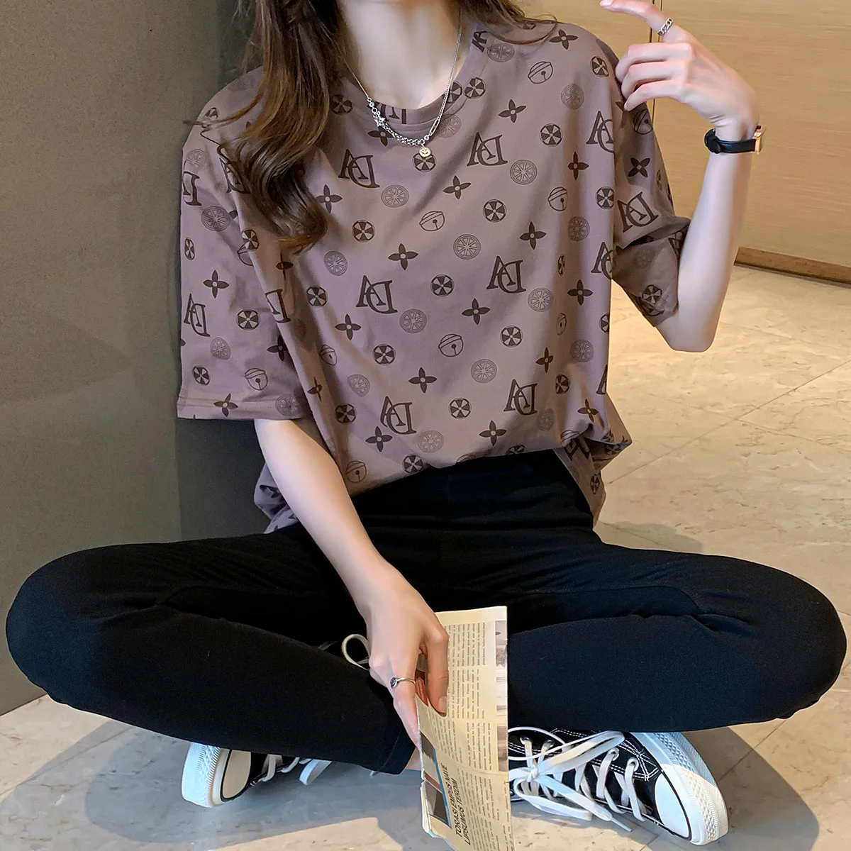 

2021 Summer Long T Shirt Letter Print For Women Short Sleeve O Neck Korean Casual 100% Cotton Woman Tshirts Tops T-shirt Femme
