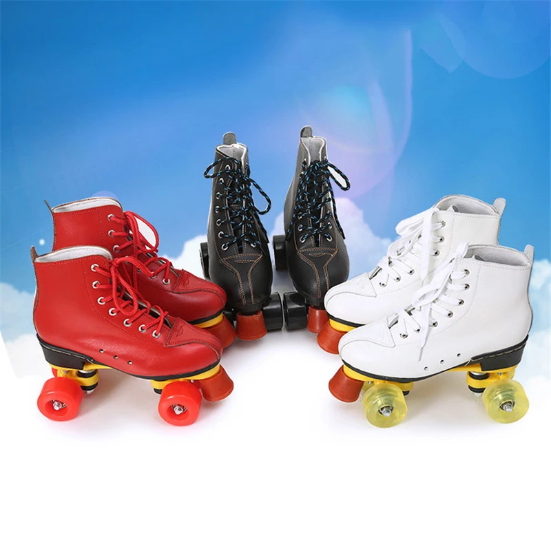 Quad Skates PU Leather Roller Skates Adult Double Line Skates Two Line Skating Shoes Patines PU Flash or no Flash Wheels