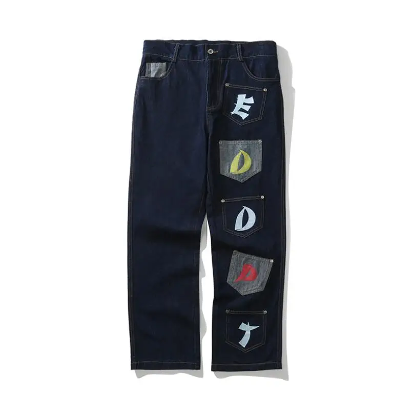 

Retro Streetwear Letter Pocket Stitching Jeans Men 2021 Straight Oversize Ripped Washed Denim Trousers Hip Hop Loose Pants w1927