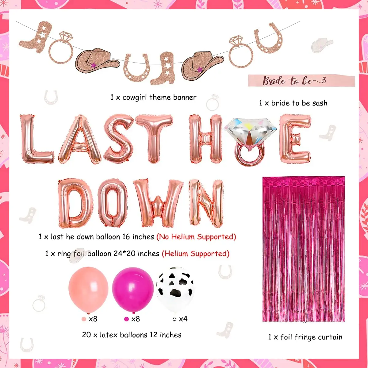 

Cowgirl Bachelorette Party Decoration Rose Pink Foil Balloon Banner for Western Bridal Shower Cowgirl Rings Boots Party Supplies