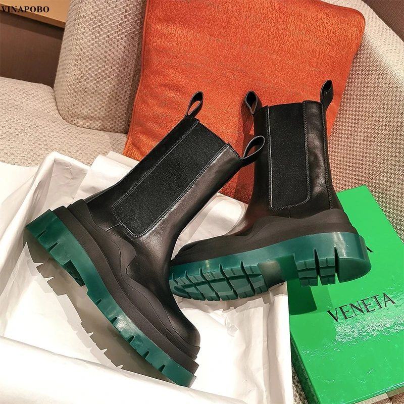 Thick-soled Chelsea Boots Women 's Short Boots Mid-tube Martin Boots -soled Ankle Boots Women 's Cool Boots Green Autumn Winter