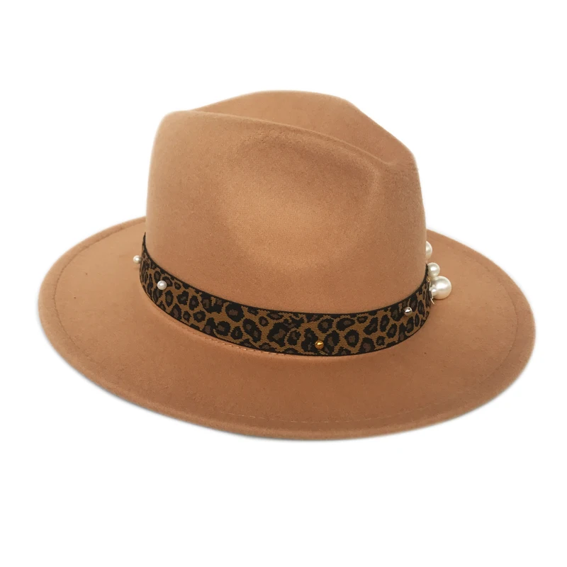

YY Leopard Ribbon Fedora Hat for Women Autumn Pearl Felt Hat Vintage Jazz Hats Lady Church Trilby Chapeau Femme Caps FD19021