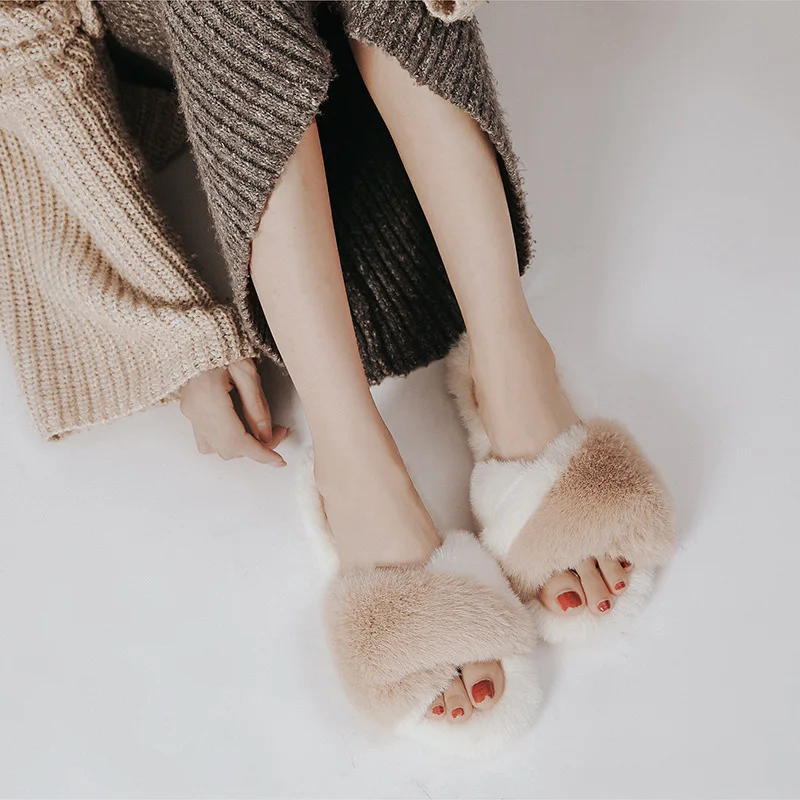 Тапки Suihyung женские зимние меховые пушистые без застежки повседневные сланцы