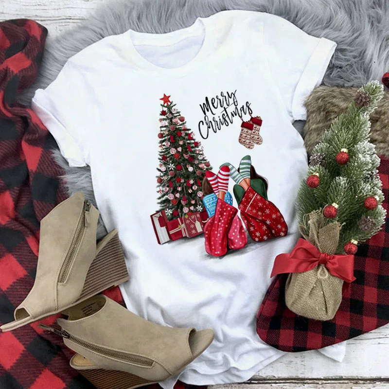 

Fashion Women T Shirt Kawaii Tee Tops Female New Year Tshirt Xmas Tee Shirts Short Sleeve T-shirt Avo Merry Christmas Tshirt