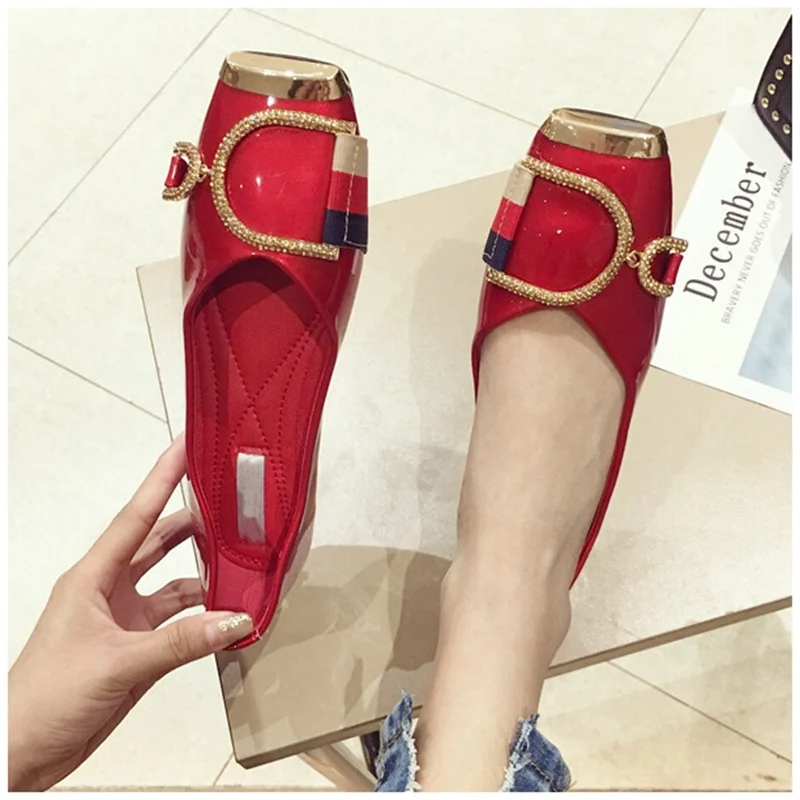 SUOJIALUN Rhinestone Buckle Flat Shoes Women Square Toe Ballerina Slip On Ladies Shoes Fashion Design Luxury Loafers Flat Shoes