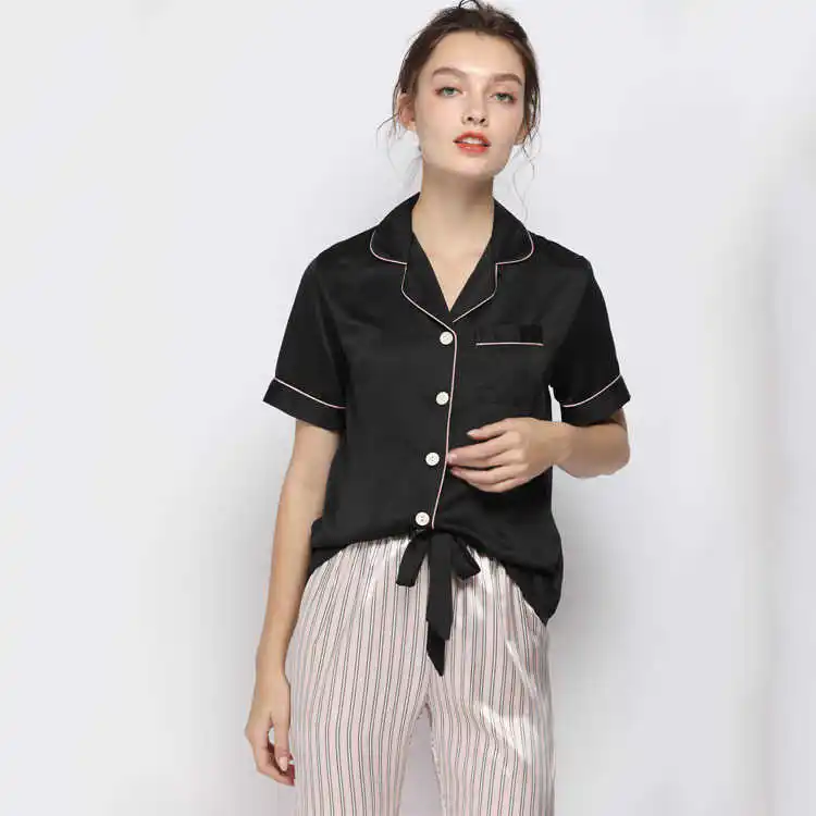 

New spring pajamas woman silk suit short sleeve loose pants high sleepwear files