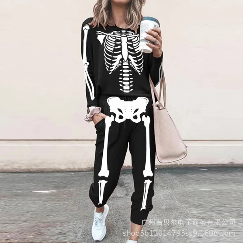 

Halloween Skull Christmas Elk Print 2 piece pants Set women 2021 New Tops and Pants Set