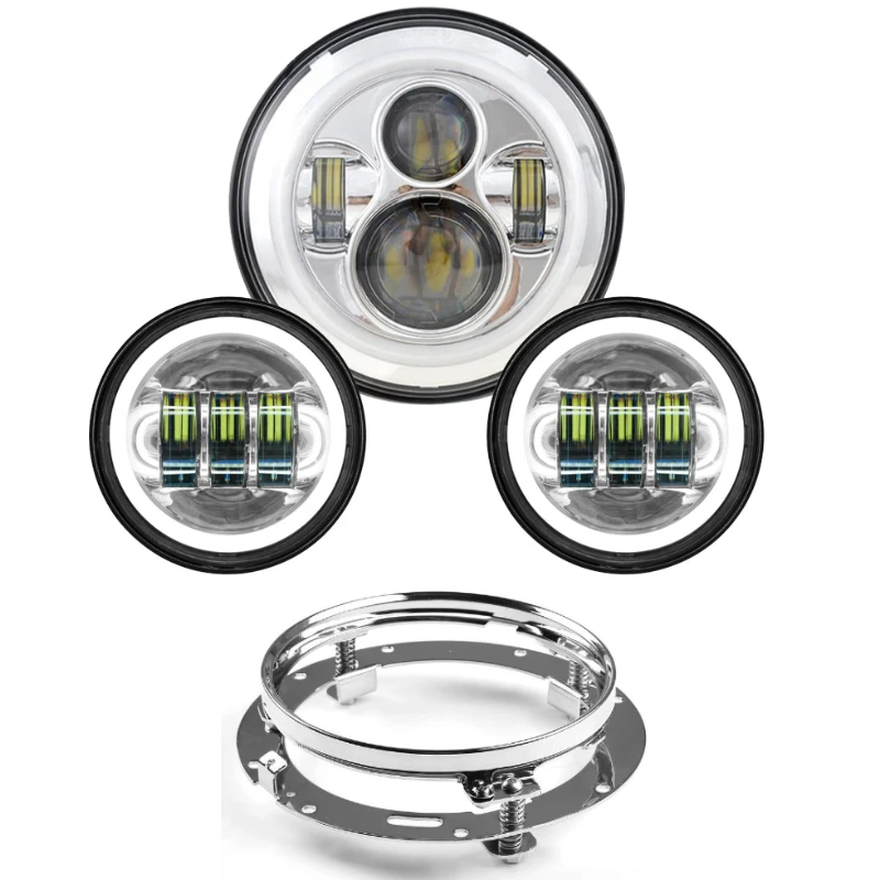 

7" Inch Black Chrome LED Projector Motor Headlight + 4 1/2 Passing Lights For Touring Electra Glide