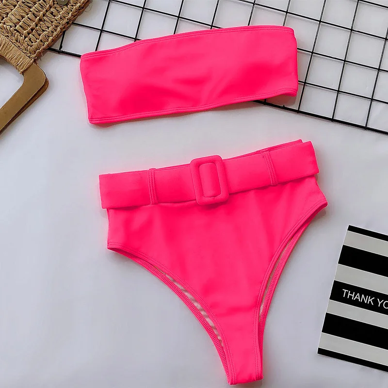 

Sexy High Saist Bikini 2020 Mujer Solid Swimsuit with Belt Women Tube Top Swimwear Brazilian Neon Pink Biquini Set Swimming Suit