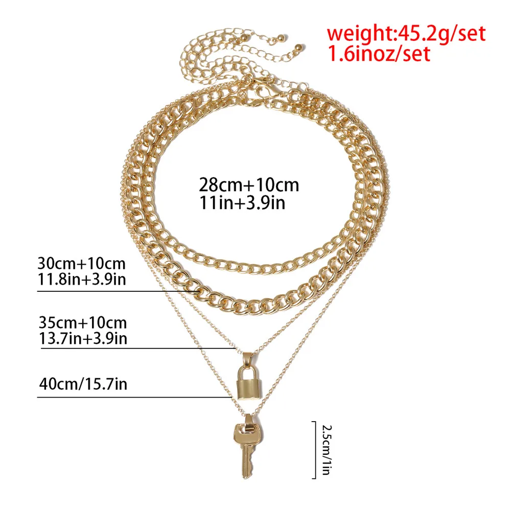 

3Pcs Punk Multi Layer Vintage Lock Key Pendant Necklace for Women Hip hop Chunky Chain Choker Necklace Set Statement Jewelry
