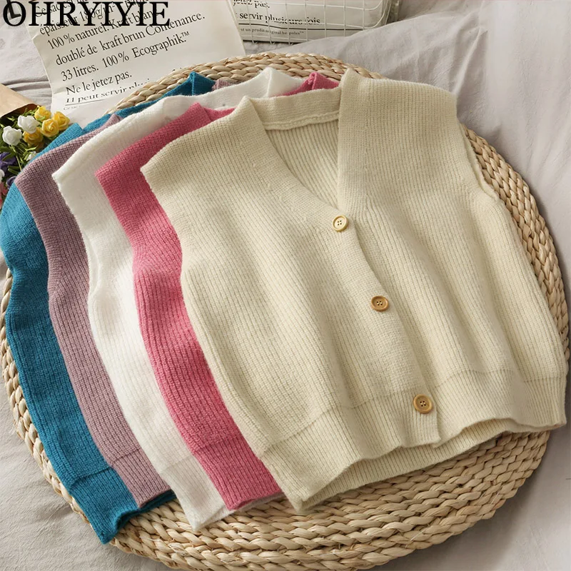 

OHRYIYIE Women Vest V-neck Knitted Sweater Female All-match Vintage Sleeveless Knit Vests Student Korean Style Sweaters Clothing