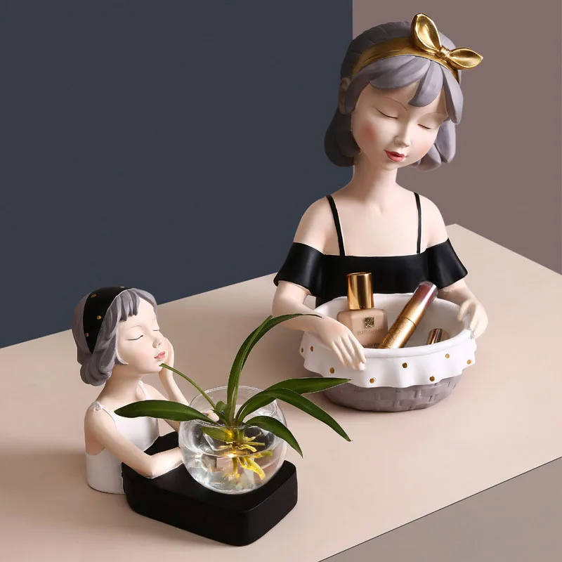 

Ins Lovely Girl Figurines Multifunction Container Sundries Storage With Plate Home Supplies Decoration Furnishings Bedside Decor