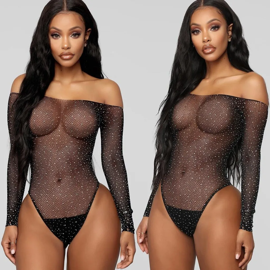 

New Sexy Lingerie Bodysuit Women's Underwear Black Lace Fishnet Rhinestone Erotic Lingerie Bodys Suit Off- Shouder Porn Jumpsuit