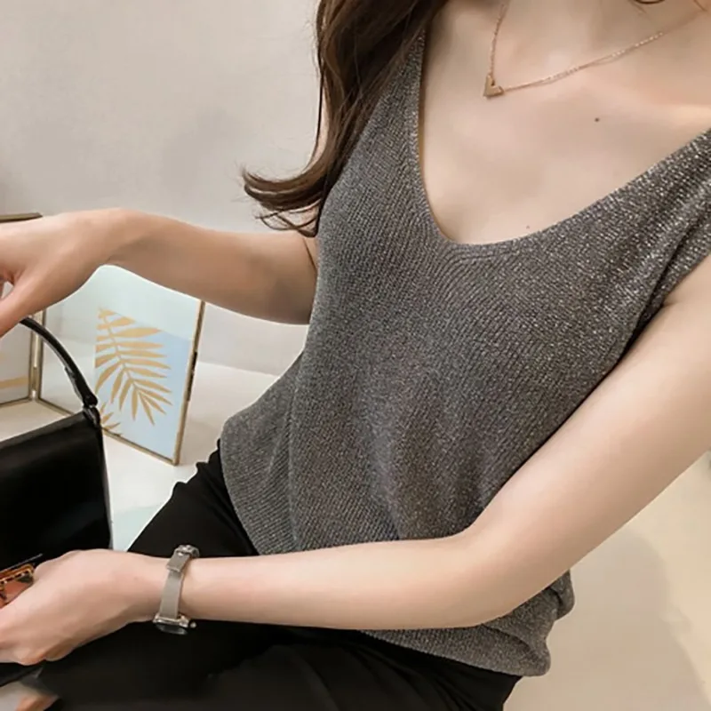 O Модные женские летние с v-образным вырезом блестящие без рукавов Свободные