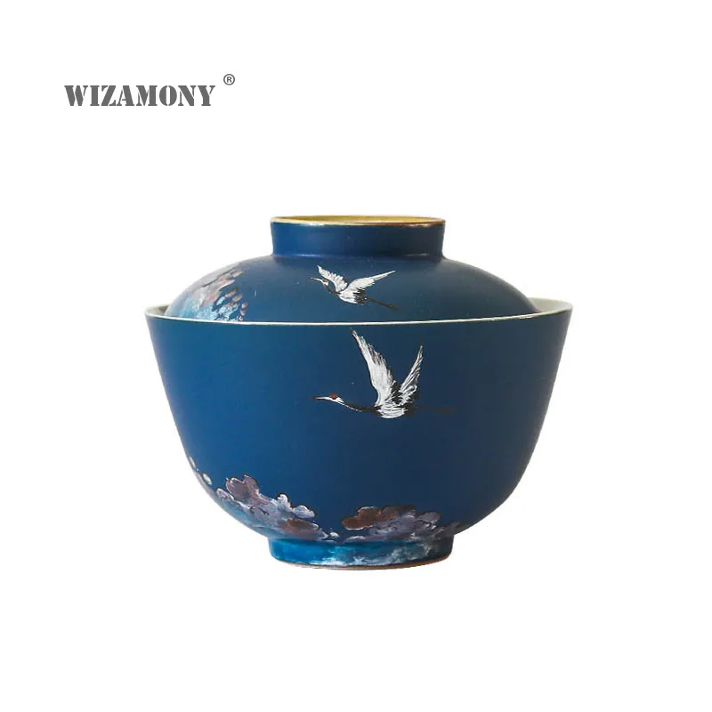 

Persimmon red crane covered bowl ceramic Jingdezhen pure handmade tea bowl