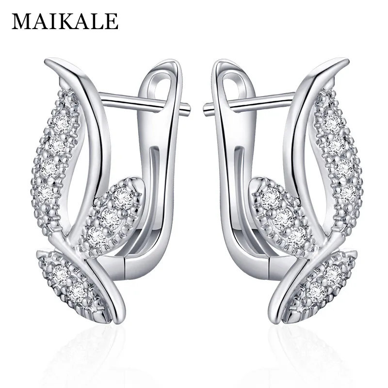 MAIKALE, классические серьги-гвоздики в форме листа, покрытые золотом и серебром, AAA кубический цирконий, простые корейские серьги для женщин - Окраска металла: Silver