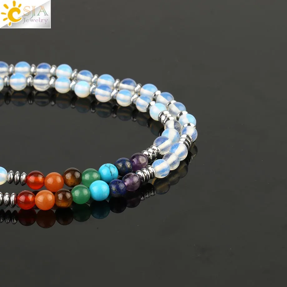 Csja 6 миллиметровый опал бисерные ожерелья Дерево жизни Wire wrap кулон 7 Исцеление чакры бисера ручной работы ювелирные изделия для женщин мужчин Collier S478
