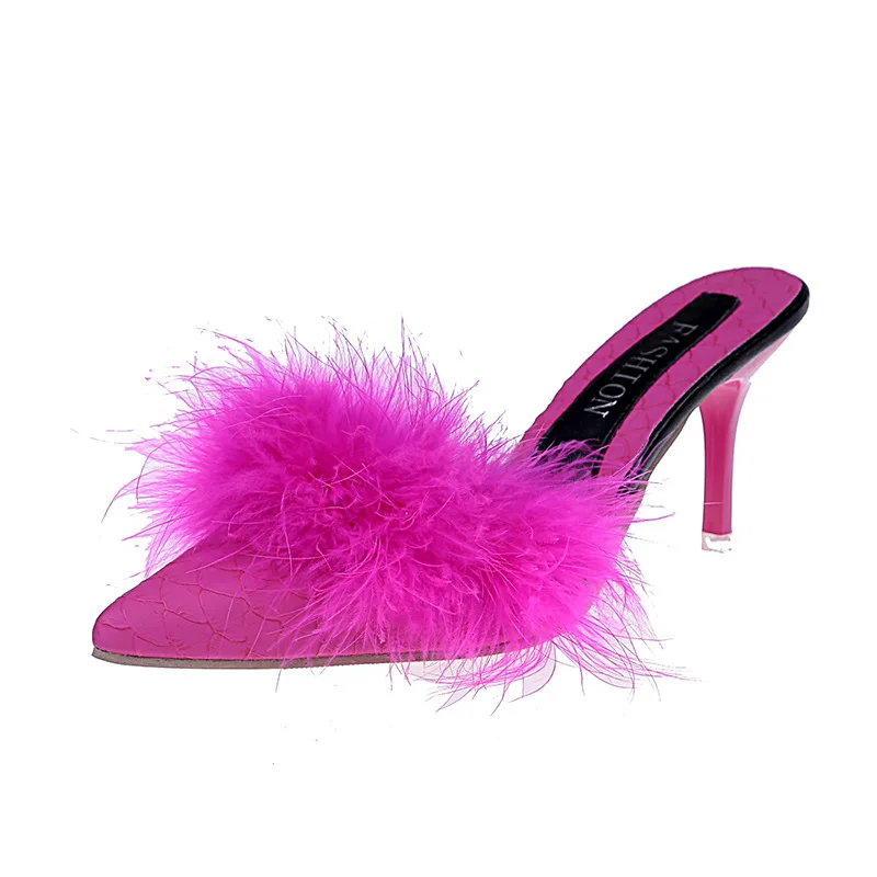 

Hot Sale Personality Slippers Women Sexy Women's Shoes Slip On Sandals High Heel Fur Slides Fashion Summer Ladies Slippers