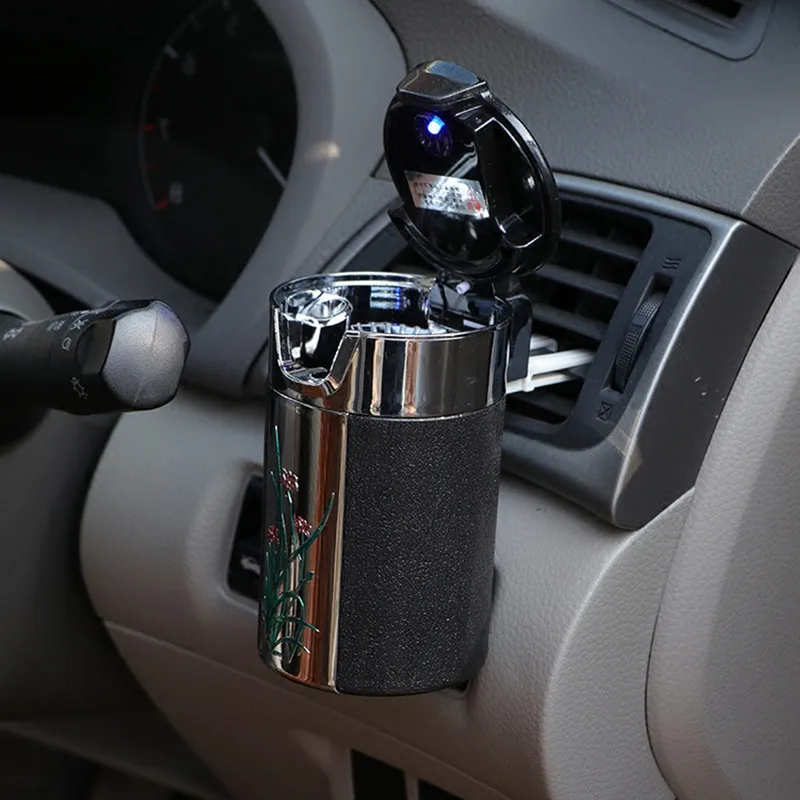 

Car Portable Cigar Cigarette Ashtray Smokeless Carbon Fiber Car Ashtray With Led Light
