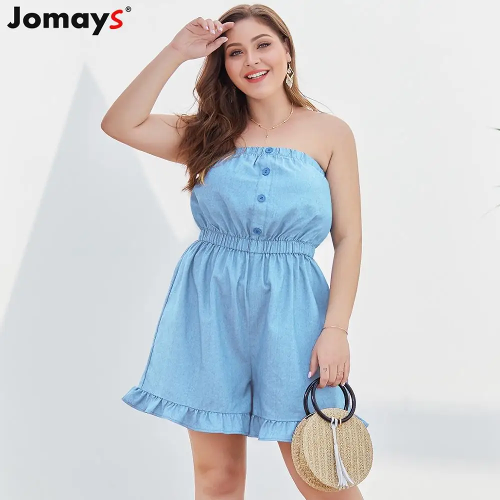 

Женский джинсовый комбинезон с оборками, Свободный Повседневный короткий комбинезон большого размера 4XL, однотонный, голубой, летний