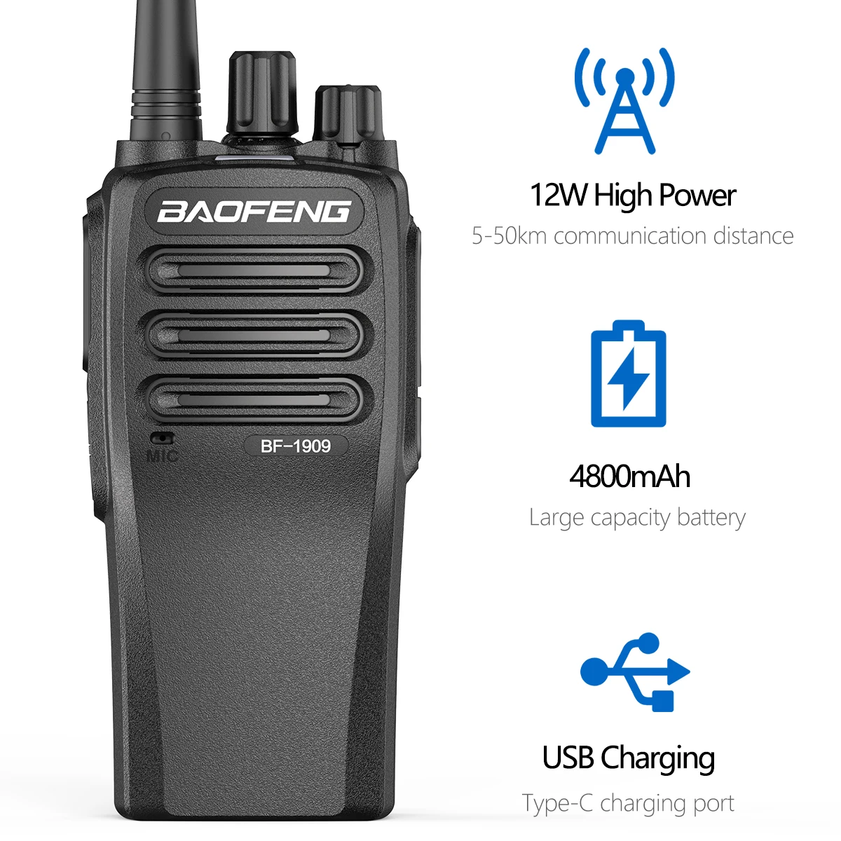 2Pcs Baofeng BF-1909 12W Powerful UHF 400-470mhz Walkie Talkie 50KM Long Distance Portable Amateur Two Way Radio for UV-5R UV-82