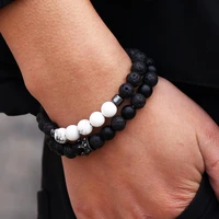 luxury 2pieceset lave howlite bead men bracelet sets fashion pave cubic zirconia crown charm couple bracelet for women jewelry