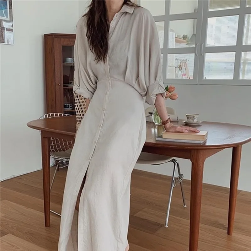 Новинка 2020 женские осенние платья рубашки GOOHOJIO длинные однобортные большого