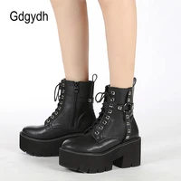 gdgydh fashion rivets black heeled boots for women autumn lace up and zipper womens chunky combat boots platform heels 90s goth