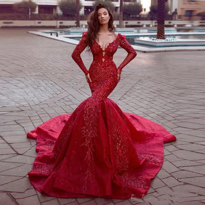 Купи 2022 Red Mermaid Prom Dresses High Side Split Long Evening Gowns Open Back Appliqued Lace Long Sleeve Formal Party Gown Elegant за 6,605 рублей в магазине AliExpress