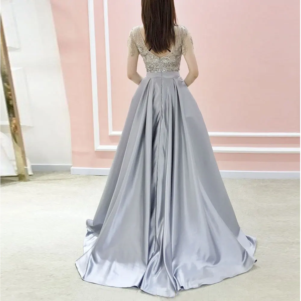 

Gray Jewel Party Dresses A-line Sweep/Brush Floor length Party Gowns Applique Beading long-sleeved Zipper 2021 Evening Dresses