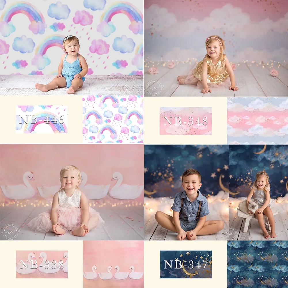 

Rainbow Cloud Newborn Children Backdrop Photography White Swan Starry Sky Baby Shower Background Birthday Gold Moon Photocall