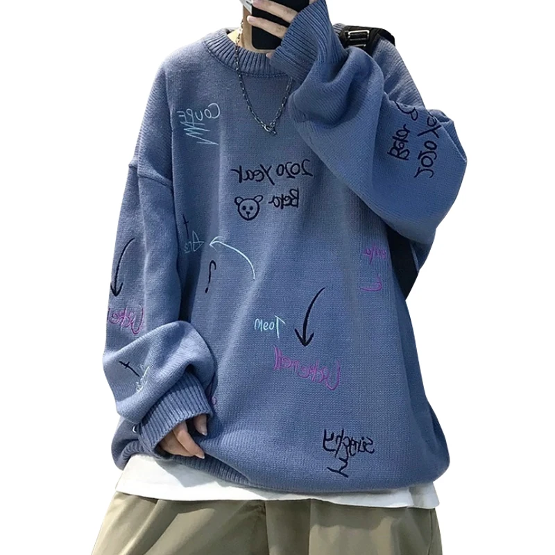 

Men Hip Hop Sweater Cartoon Casual Loose Knitted Pullover 2021 Autumn Winter New Knitted Men's Sweater Couple Unisex Design