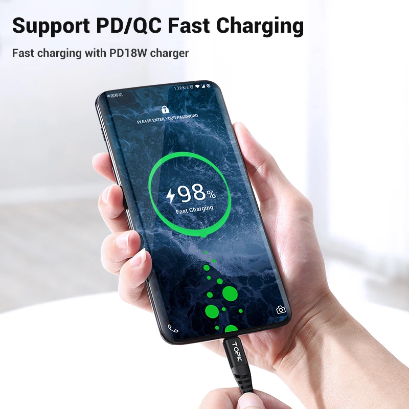 TOPK 60 Вт usb type C кабель для samsung QC3.0 3A PD быстрой зарядки USB передачи данных huawei Xiaomi