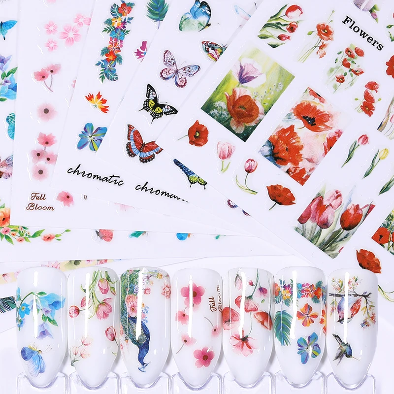 Красочные Водные Наклейки для ногтей цветок бабочка Павлин тропическая идея