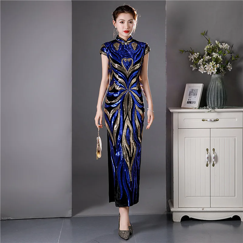 

New Sequins Vintage Mandarin Collar Chinese Dress Sexy Slim Classic Qipao Velour High Split Celebrity Gown Cheongsams