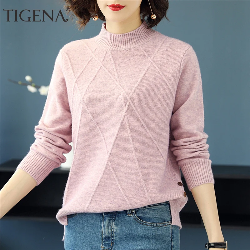 

TIGENA Half Turtleneck Sweater Women 2021 Autumn Winter Long Sleeve Pullover Sweater Female Knitted Tops Jumper Ladies Knitwear