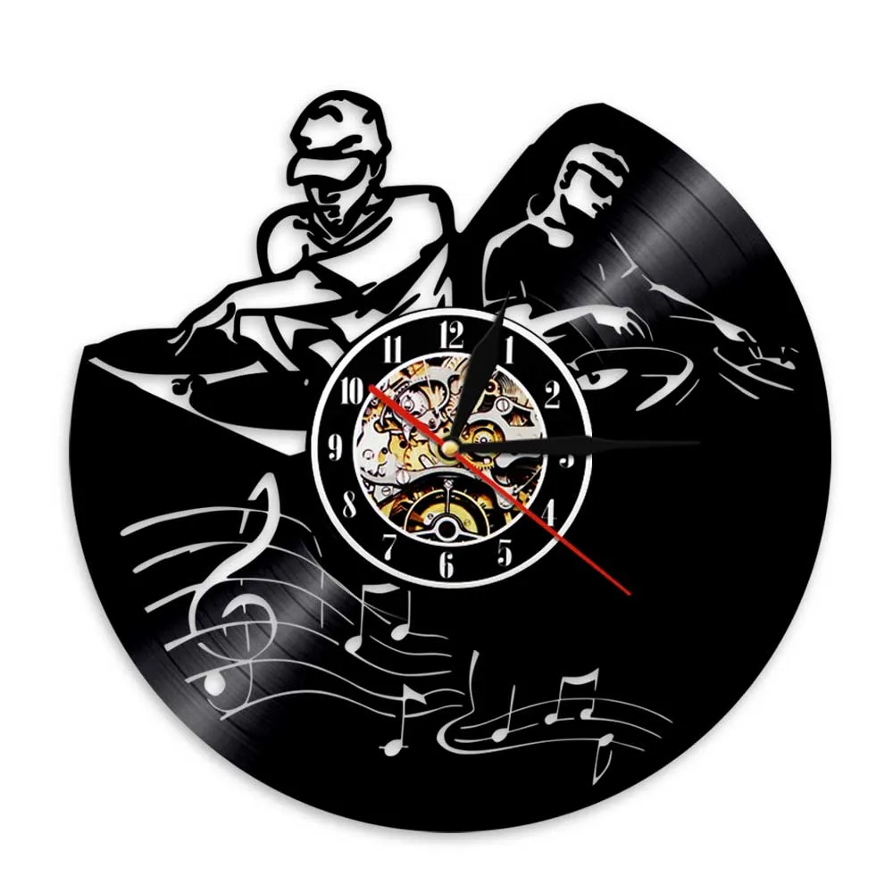 DJ Mixer Vinyl Record Wall Clock Nightclub Retro Musical Decor Disc Jockeys Spinning Scratching Album Carved Music Record Clock