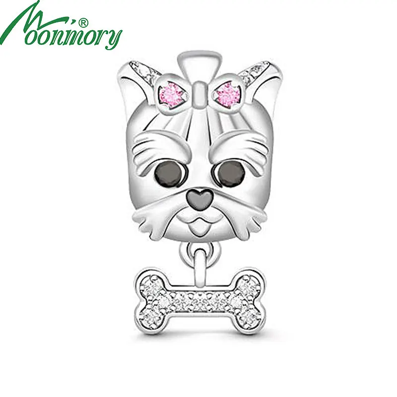 Moonmory 925 Sterling Silver Dog Beads Bone Pendant Fit Brand Bracelet CZ Pink Crystal Bow For DIY Jewelry Making Christmas Gift