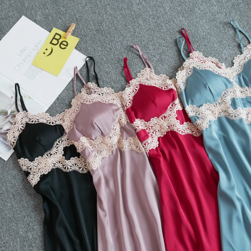 

Lace Trim Women Nightgown Satin Nighty Intimate Lingerie Sexy Sleeveless Backless Sleepwear Nightdress Loose Home Dressing Gown